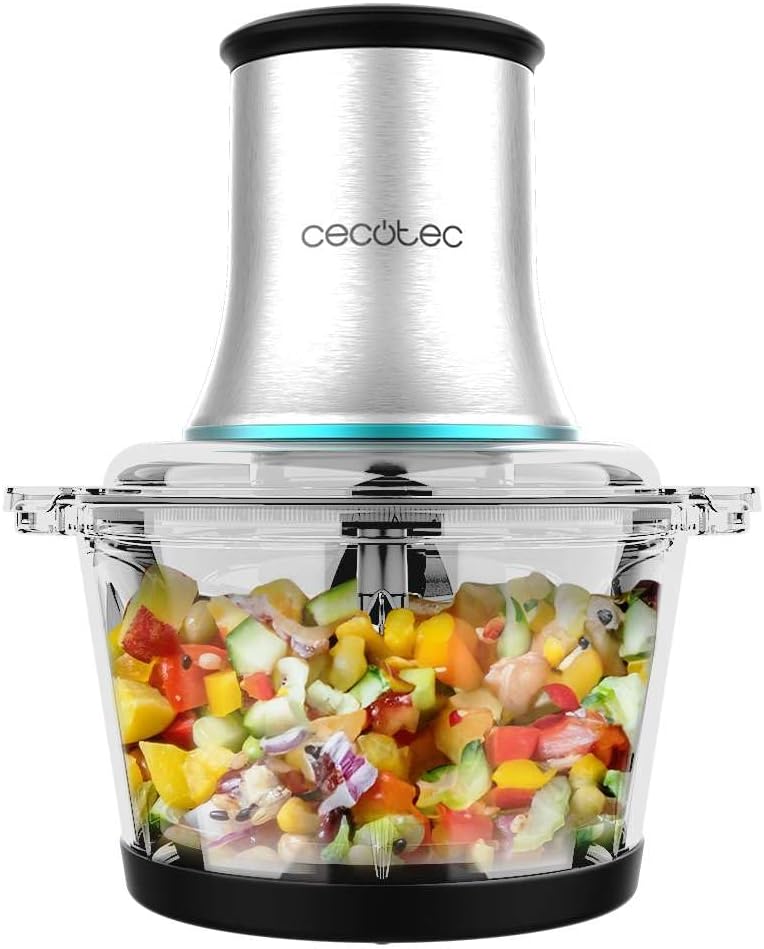Picadora eléctrica Cecotec ChopBeat 2000 con motor plateado y bol de cristal