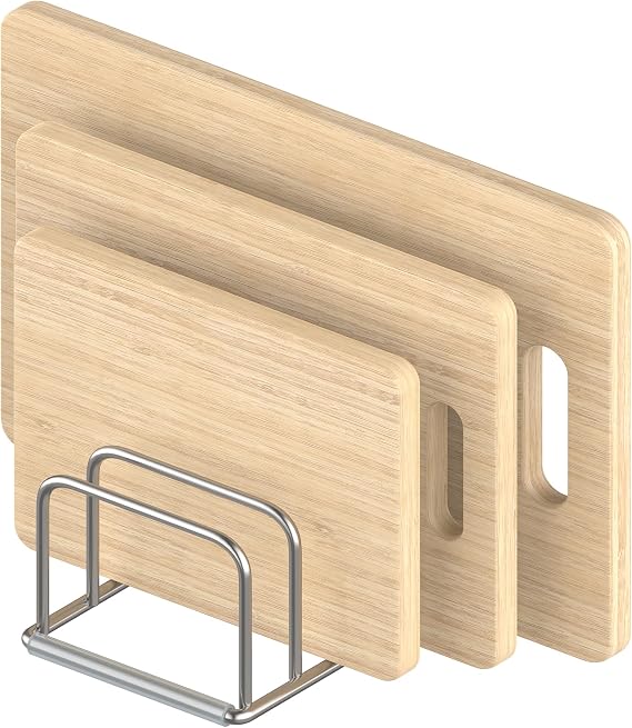 Soporte KORRTFID de acero inoxidable con cuatro ranuras sobre encimera y tablas de bambú