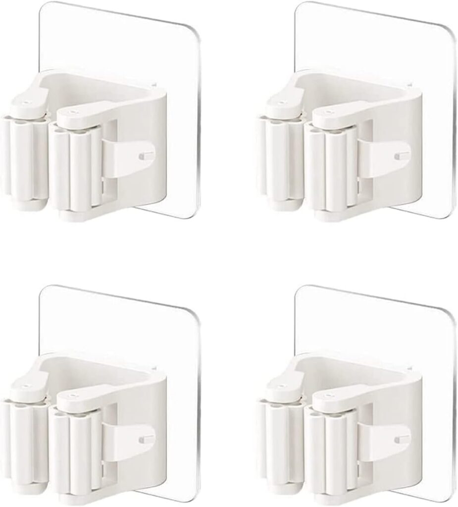 Pack de cuatro soportes adhesivos blancos ajustables para escobas y fregonas