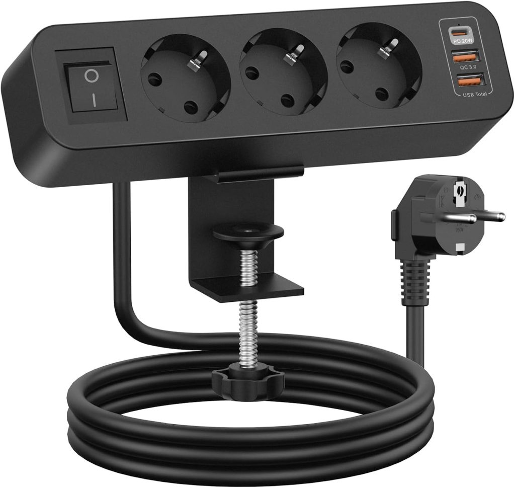 Regleta USB de escritorio: SUDEERY de mesa, tres tomas, negra