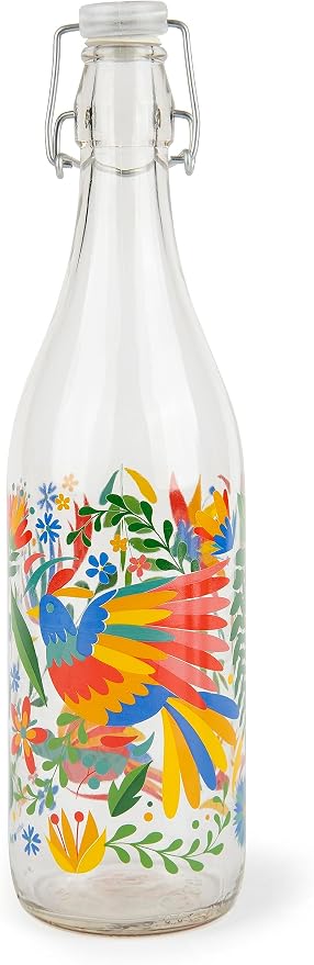 Botella Excelsa Mexican Flowers de vidrio con pájaro y flores multicolor y tapón transparente