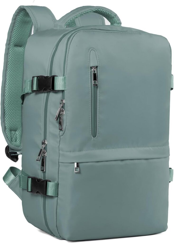 Mochila Hayayu verde menta de cabina con bolsillos frontales, hebillas y tirantes acolchados
