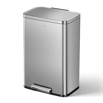 Cubo de basura EKO Madison gris de acero inoxidable con tapa cerrada, pedal y cuerpo rectangular