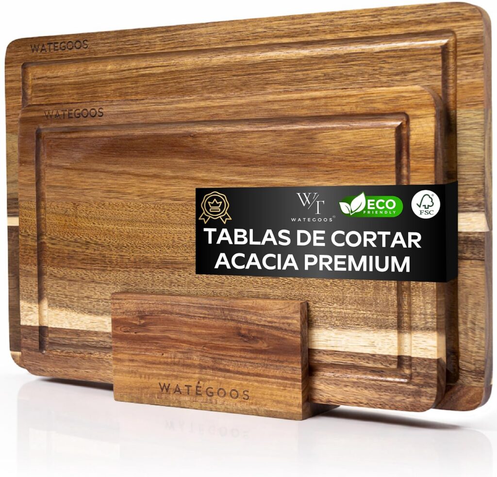 Pack de dos tablas de cortar de acacia con soporte de madera