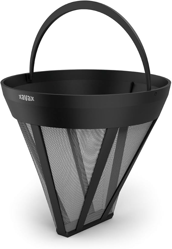 Filtro reutilizable Xavax negro en forma de cesta cónica con asa abatible y malla metálica visible