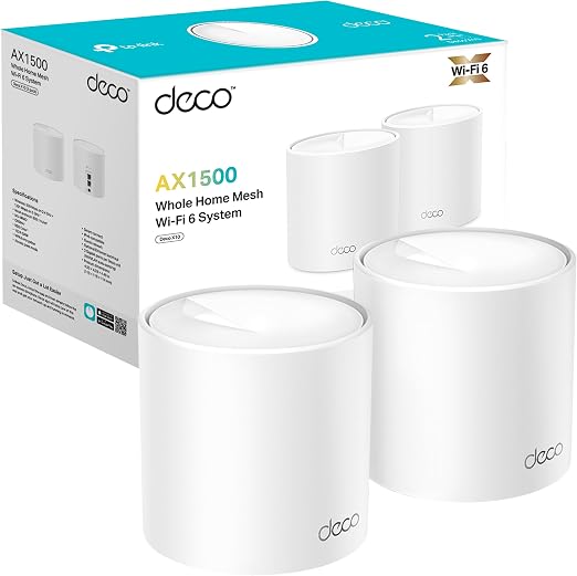 Dos unidades TP-Link Deco X1500 blancas junto a su caja