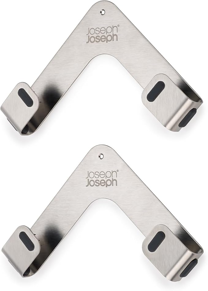 Dos soportes Joseph Joseph Space de acero inoxidable para fijar tapas de ollas a una pared o puerta