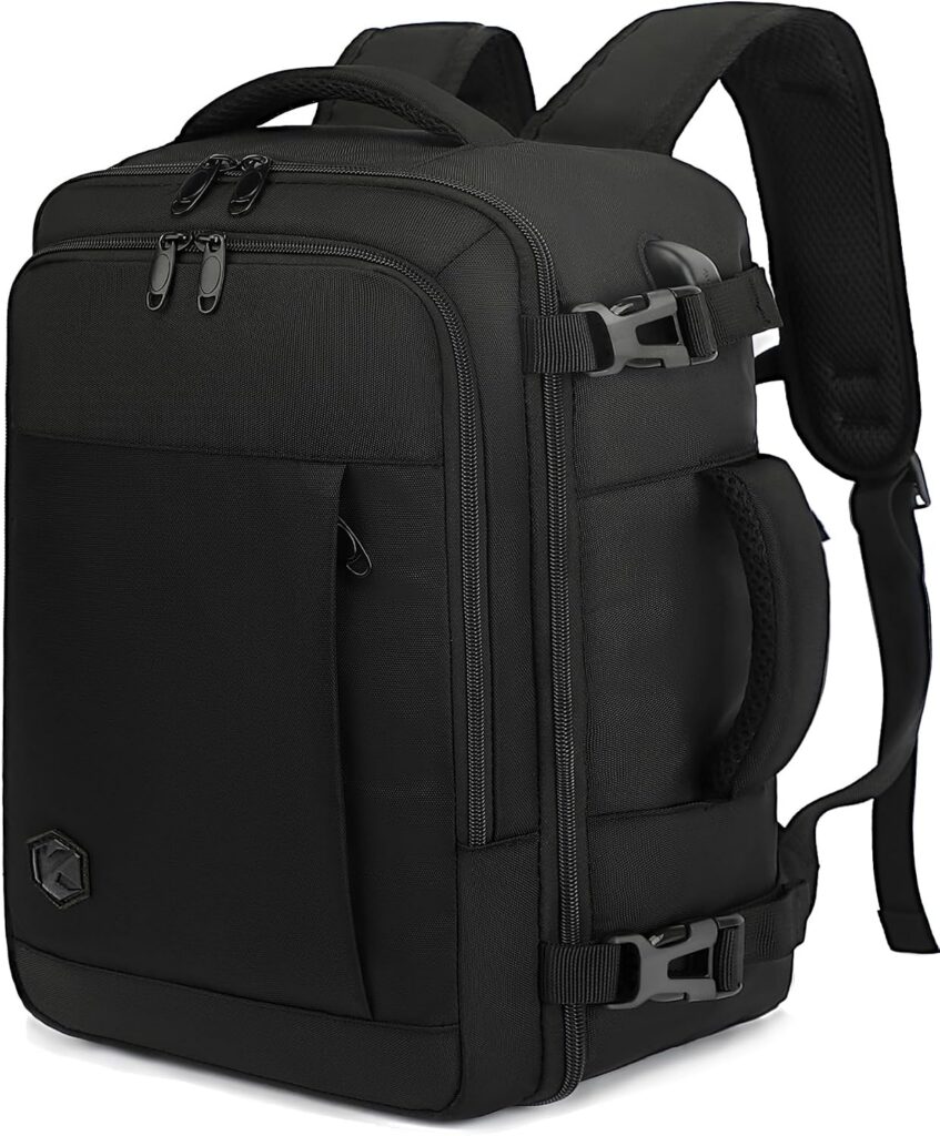 Mochila VANKEV negra de cabina vista de frente con varios bolsillos y correas acolchadas