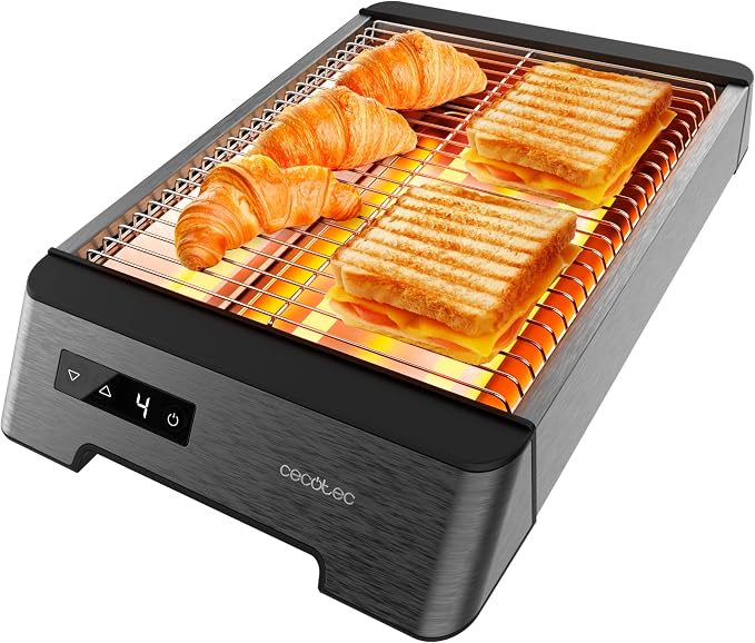 Tostadora plana Cecotec NiceSlice Touch negra y de acero, con cuatro piezas de pan sobre la rejilla y controles táctiles