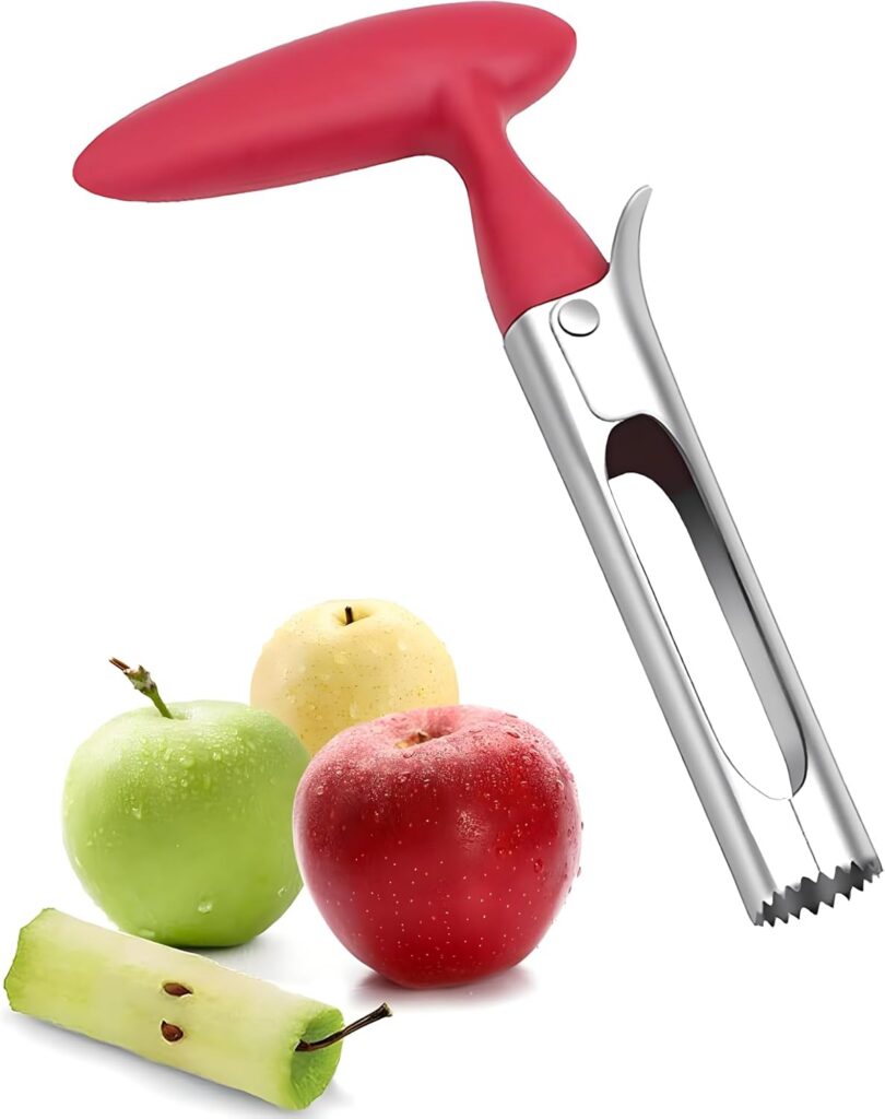 Descorazonador de manzanas rojo con hoja dentada y mango ergonómico