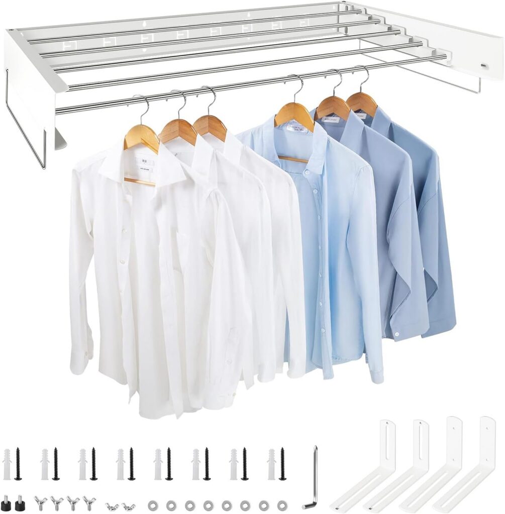 Tendedero de pared SWAWIS blanco de acero inoxidable abierto con camisas