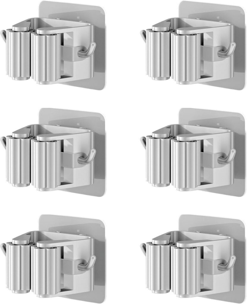Pack de seis soportes adhesivos metálicos para escobas y fregonas