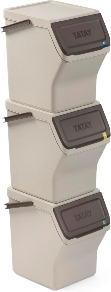 Conjunto TATAY Ecohome de tres cubos claros apilados con tapas frontales oscuras y asas