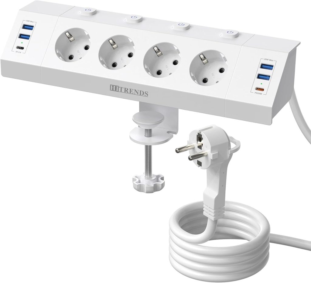 Regleta USB de escritorio: HITRENDS de escritorio, cuatro tomas, blanca