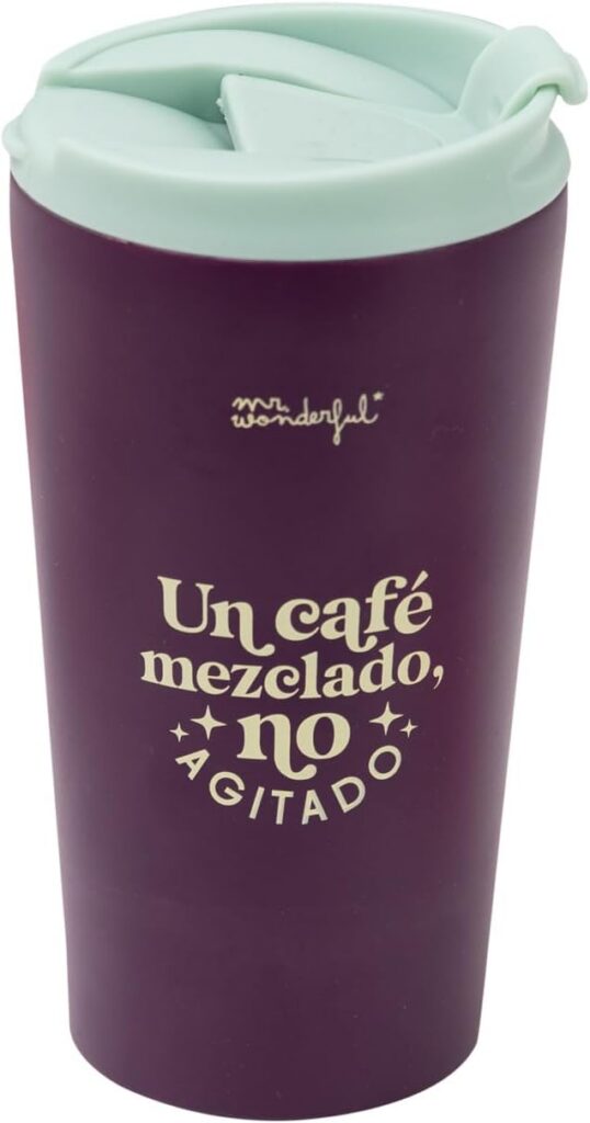 Taza térmica Mr. Wonderful morada de doble pared con tapa verde y mensaje de café