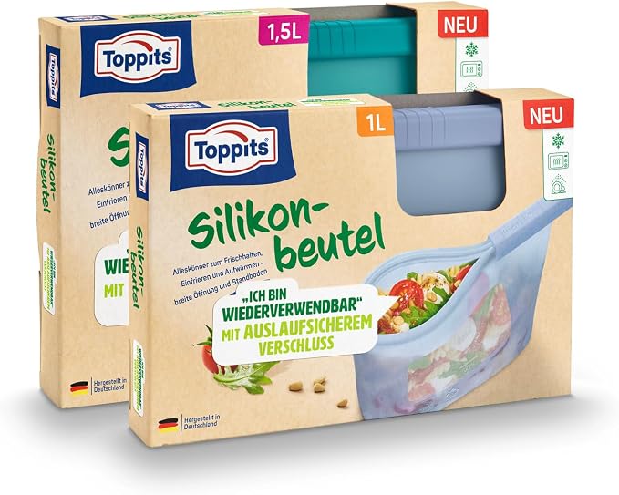 Pack Toppits con dos bolsas reutilizables translúcidas de silicona, de 1 y 1,5 litros, con bases azul y gris