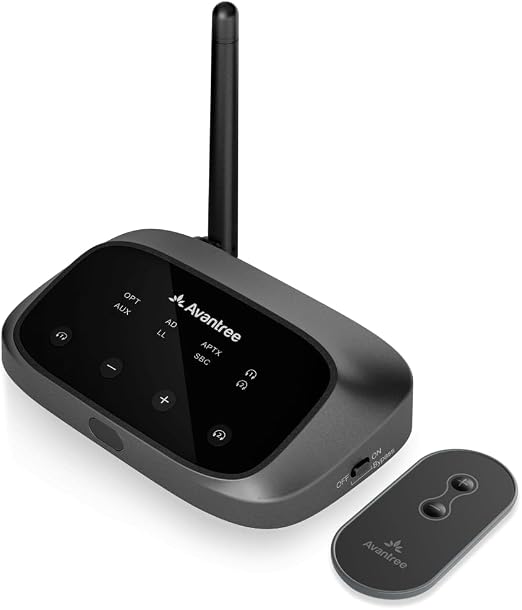 Avantree Oasis Plus 2 con antena, indicadores y mando de volumen