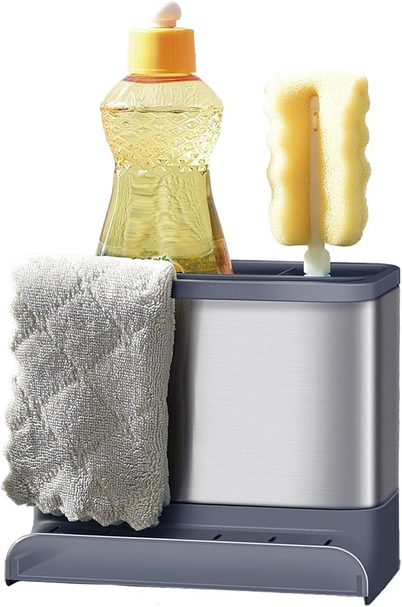 Organizador Amig Noxi gris de encimera con bandeja extraíble, espacio para detergente y barra para paños