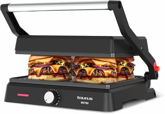 Grill de contacto Taurus Bistro negro abierto sobre una hamburguesa, con placas basculantes y termostato frontal