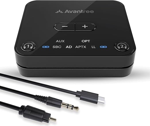 Avantree Audikast 3 negro con controles de volumen, indicadores y cables
