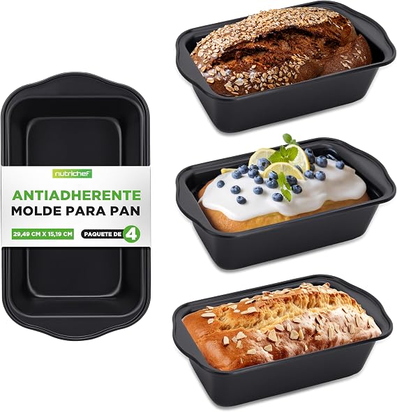 Pack NutriChef de cuatro moldes negros para pan con asas