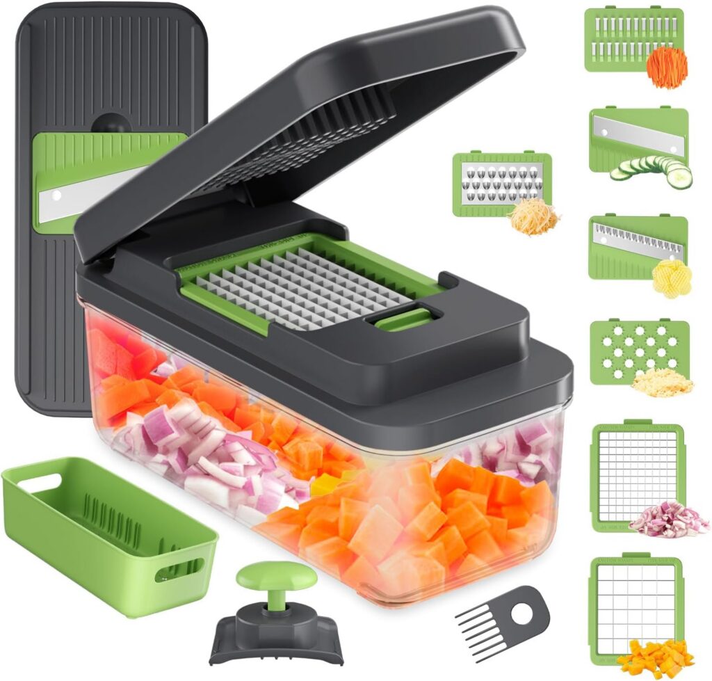 Mandolina Ibergrif M524-7 negra y verde con recipiente, seis cuchillas y empujador