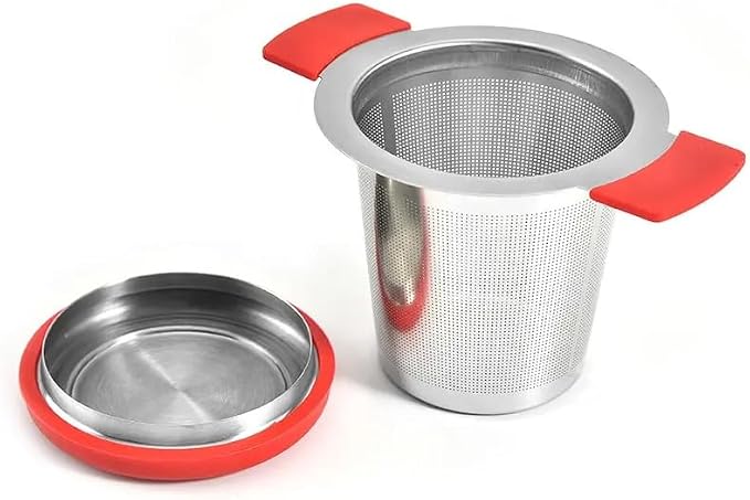 Infusor VIER grande de acero inoxidable con malla fina, dos asas con silicona roja y tapa