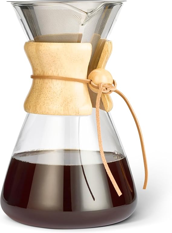 Cafetera de filtro manual Amazon Basics con jarra de vidrio transparente, soporte de madera y filtro metálico reutilizable
