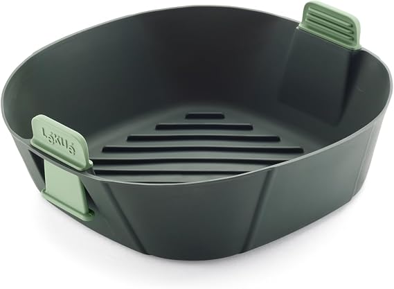 Cesta Lékué L gris de silicona con asas verdes y relieves en la base