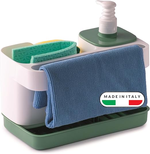 Organizador Snips blanco y verde con dispensador de 400 ml, hueco para esponjas y soporte frontal