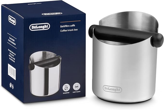 Recipiente De'Longhi para posos de café de acero inoxidable con barra negra extraíble y base de goma