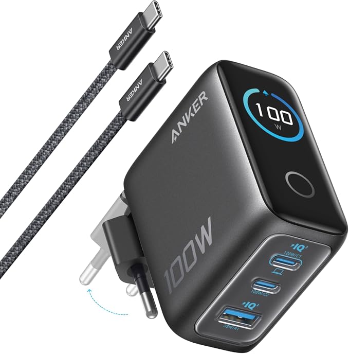 Adaptador Anker GaN negro de 100 W con pantalla, enchufe plegable y tres puertos