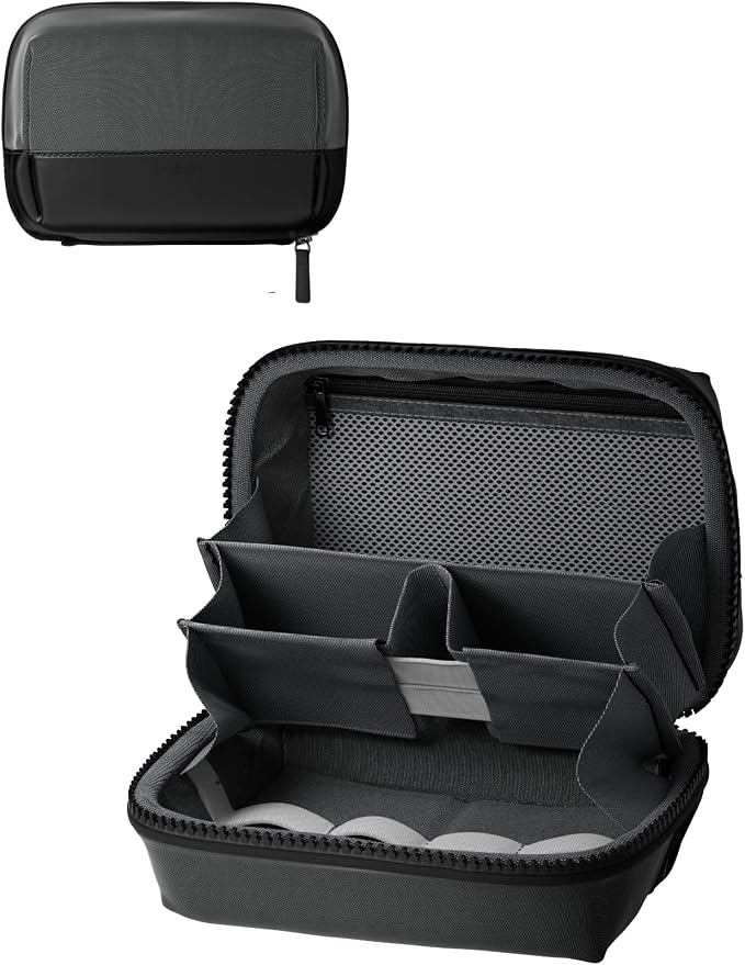 Estuche organizador Belkin negro abierto con bolsillos y correas elásticas