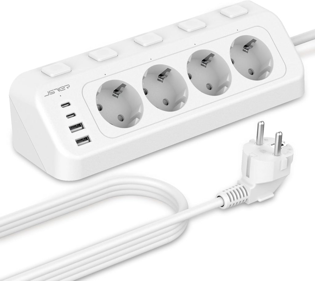 Regleta USB de escritorio: JSVER de esquina, cuatro tomas, blanca