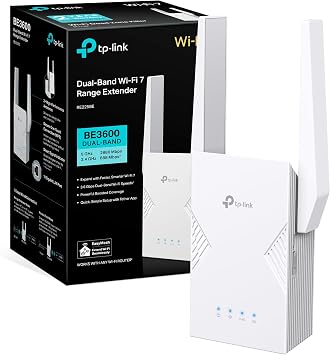 TP-Link RE225BE blanco con dos antenas junto a su caja