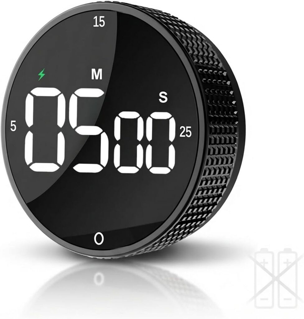 Temporizador de cocina recargable redondo negro con pantalla LED