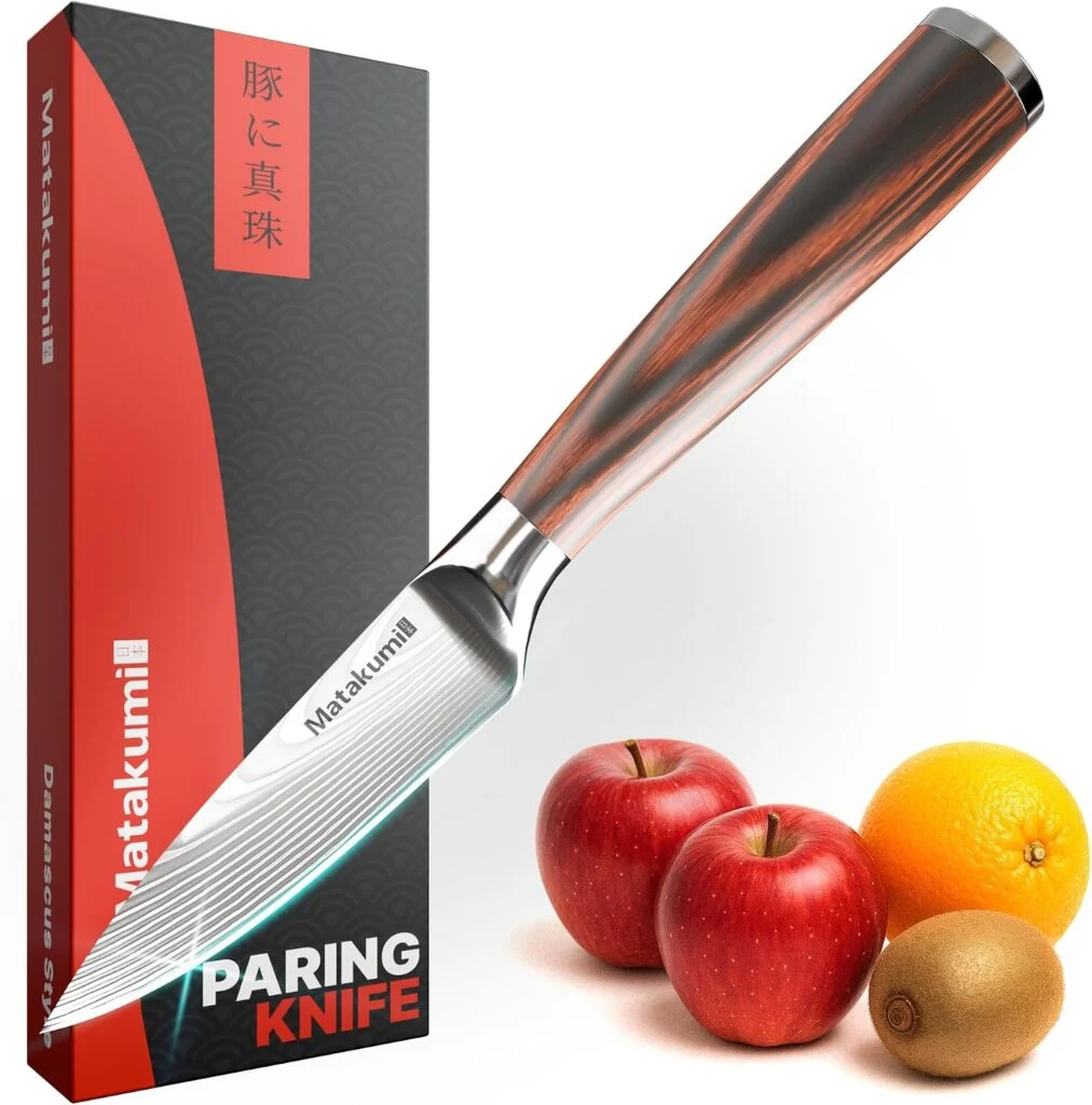 Puntilla Matakumi de 9 cm con patrón de Damasco, mango de madera y frutas