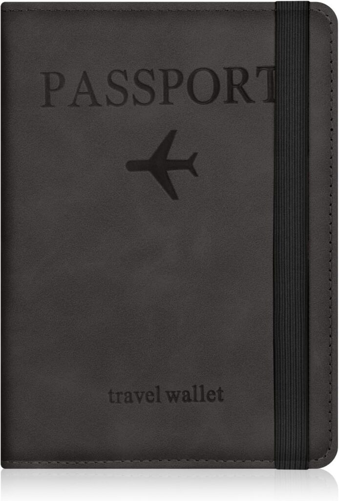 Funda negra de pasaporte con correa lateral y cierre de cremallera