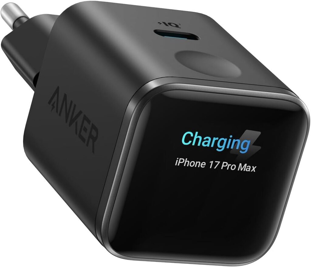 Adaptador Anker Nano negro de 45 W con pantalla frontal y una única toma USB-C