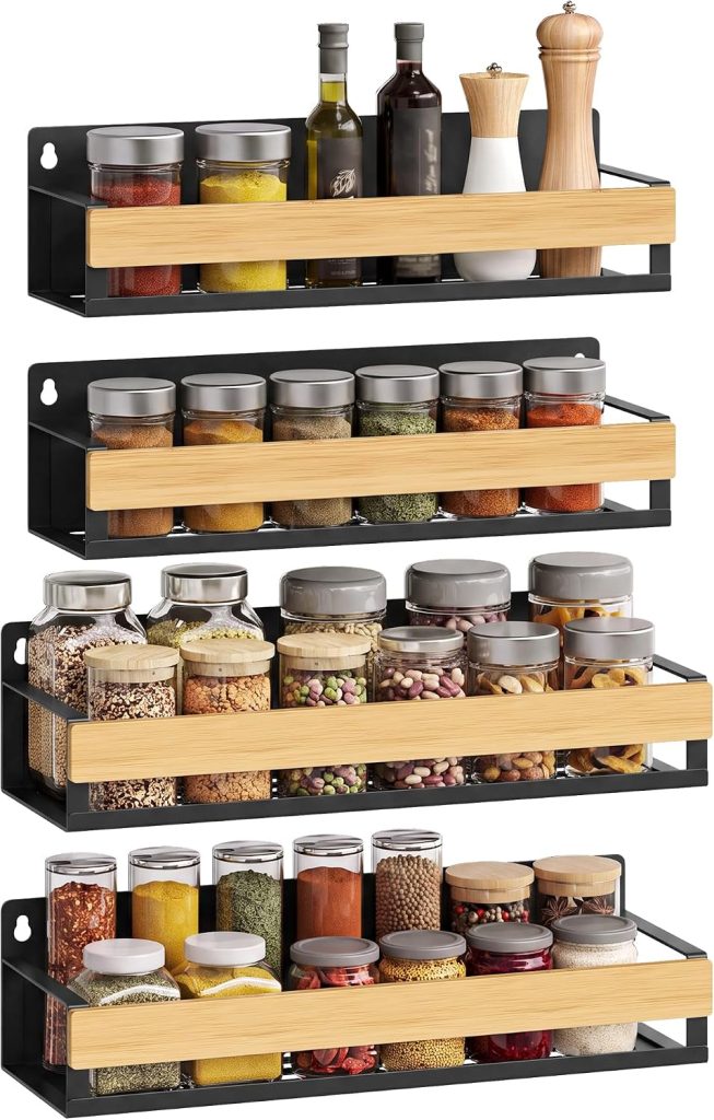 Especiero de cocina: SONGMICS, cuatro estantes de pared en acero y bambú