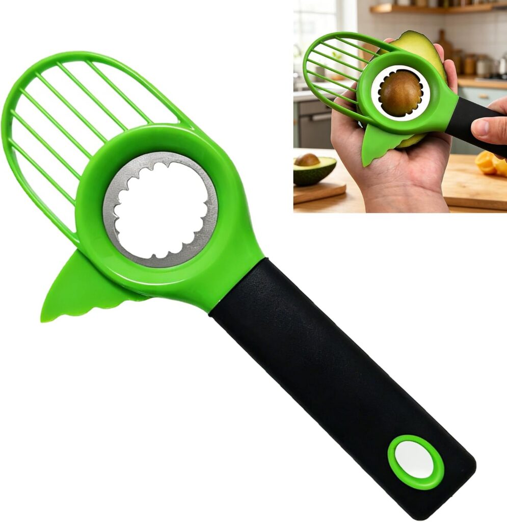 Cortador de aguacate verde y negro 3 en 1 con rejilla, extractor y mango antideslizante