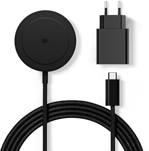 Cargador magnético Qi2 negro de 25 W con cable y adaptador USB-C
