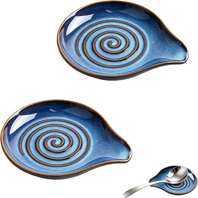 Dos reposacucharas azules de cerámica LCSHENGMIN con relieve en espiral y apoyo estrecho para el mango