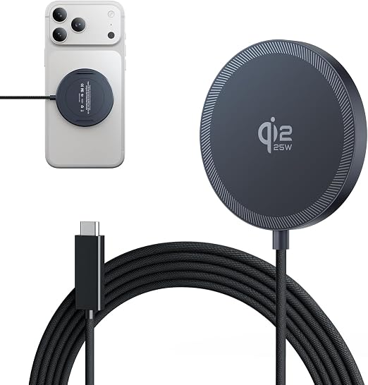 Disco magnético GEEKERA Qi2 gris oscuro de 25 W con cable trenzado