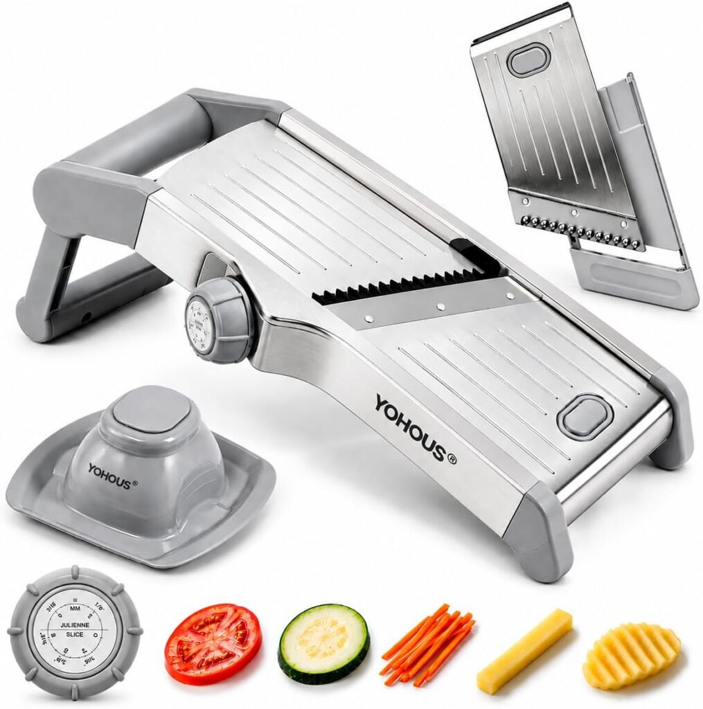 Mandolina de cocina regulable de acero inoxidable con soporte y protector de dedos